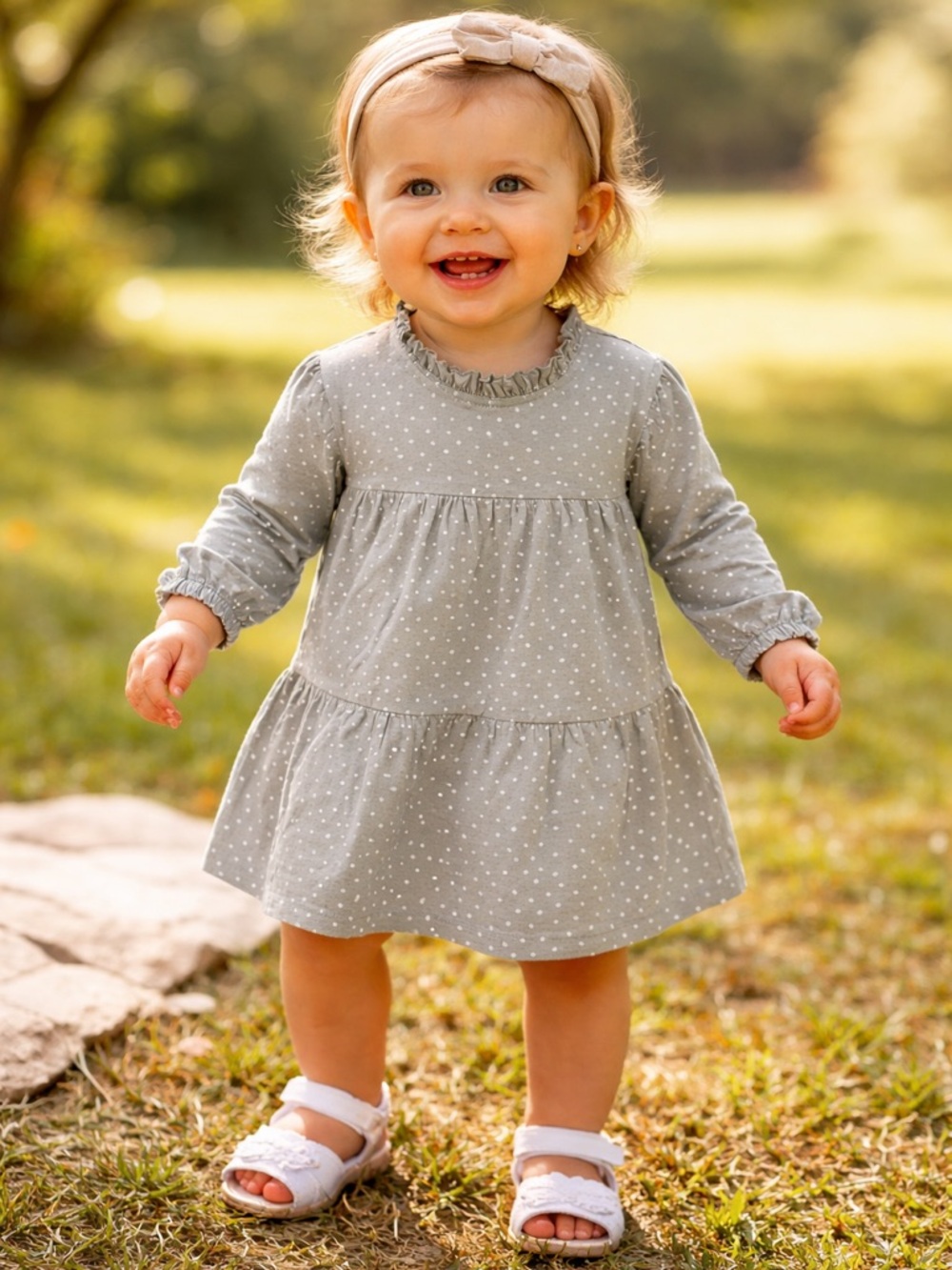 City Mouse Gray Polka Dot Baby Dress 12-18M | Ruffle Tiered Long Sleeve